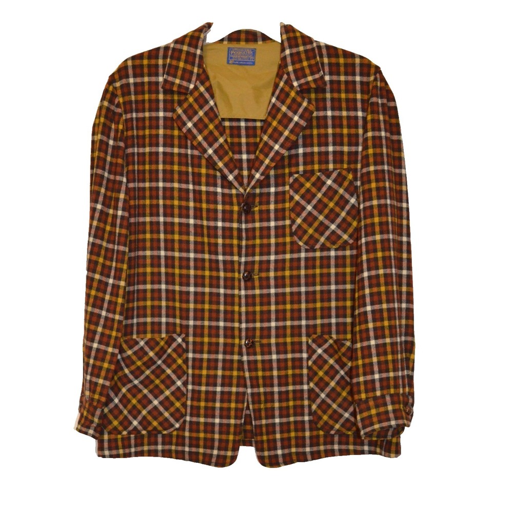 Pendleton Blazer Jacket Mens L Brown Black Beige Plaid Wool Vintage USA